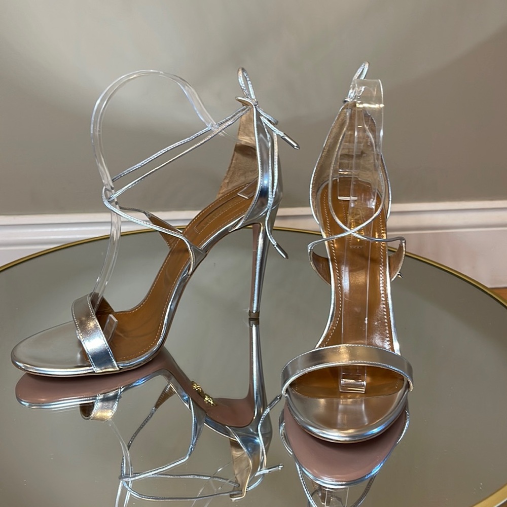 Aquazzura Linda 105 mirrored silver heeled sandals sz 39.5